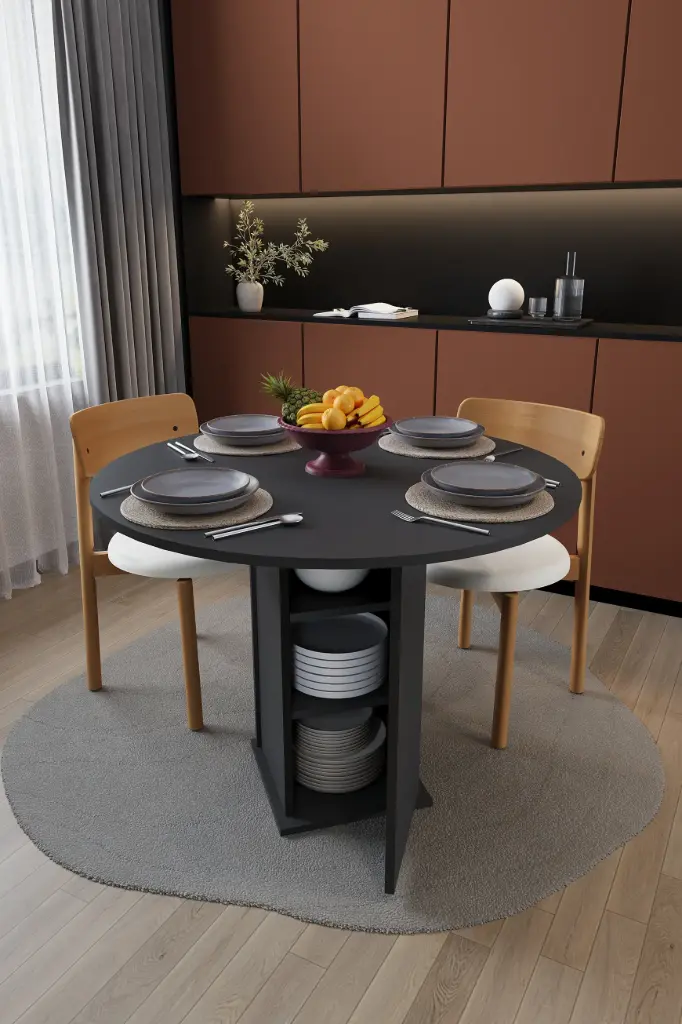 Yuvarlak Yemek Masası 4 Kişilik 90 cm Dolaplı %100 MDF - YM-04