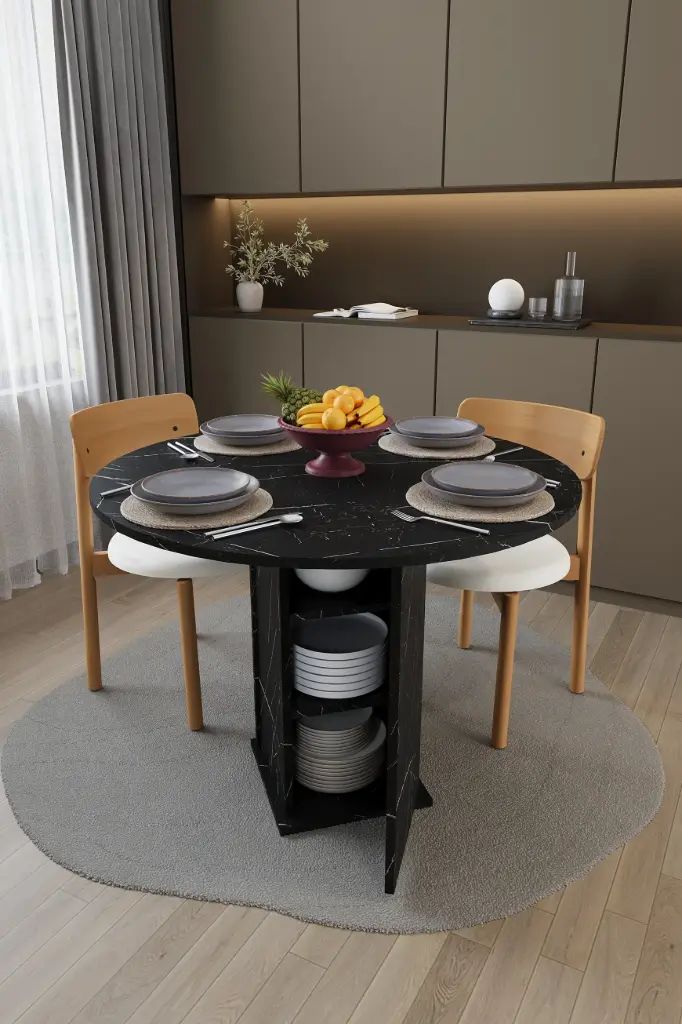 Yuvarlak Yemek Masası 4 Kişilik 90 cm Dolaplı %100 MDF - YM-04