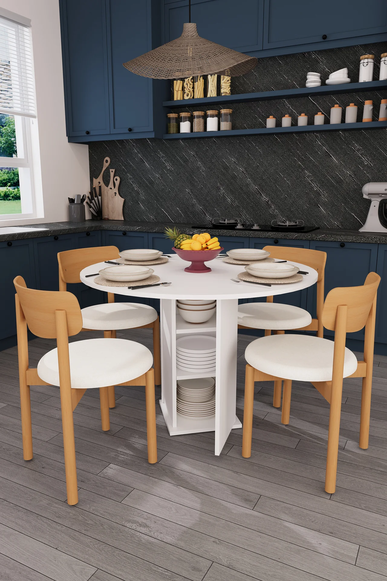 Yuvarlak Yemek Masası Takımı 4 Kişilik 90 cm Dolaplı Masa ve 4 Sandalye - YMT-04