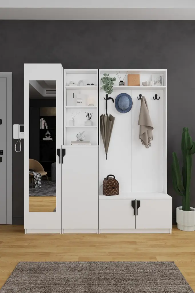 V-03 Aynalı Vestiyer ve Portmanto 180 cm Ayakkabılıklı Raflı