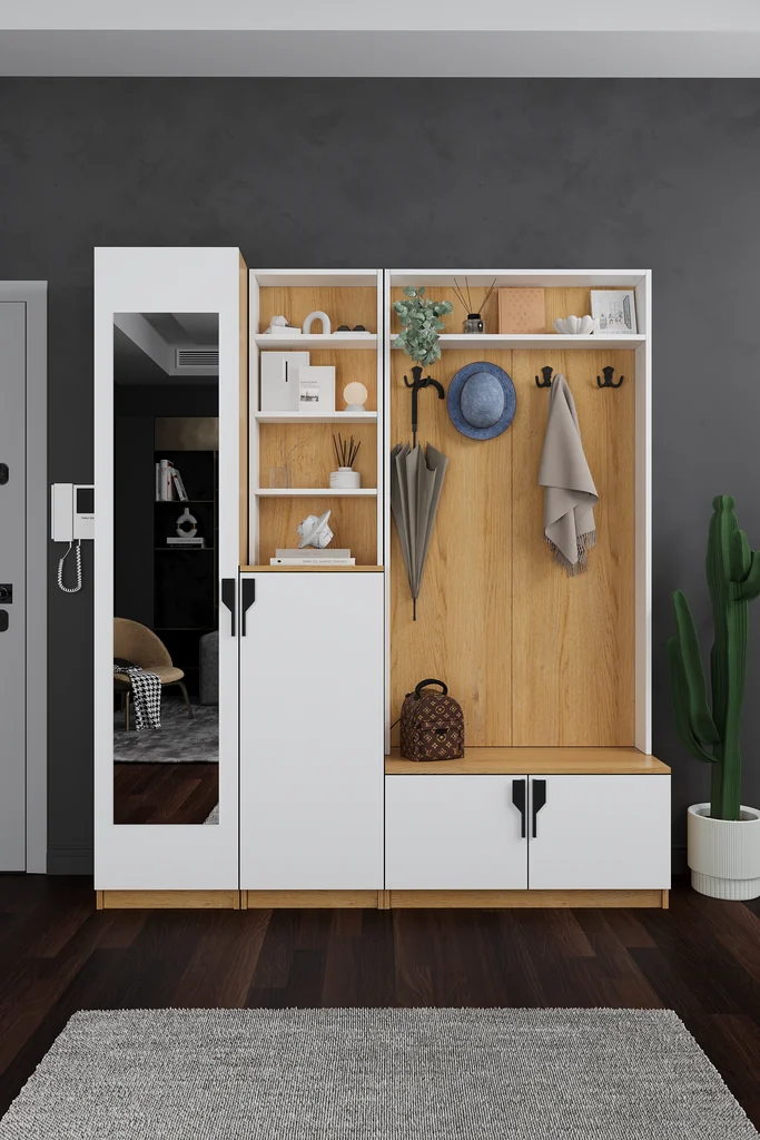 Aynalı Vestiyer ve Portmanto 180 cm Ayakkabılıklı Raflı V-03