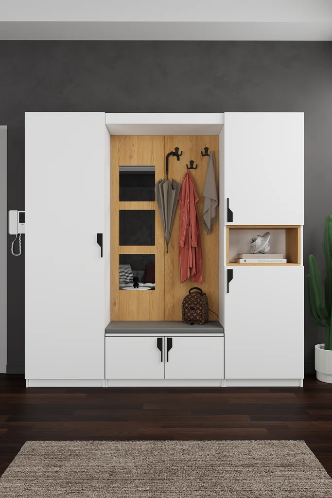Modern Vestiyer ve Portmanto 210 cm Oturaklı Aynalı Ayakkabılıklı V-04 