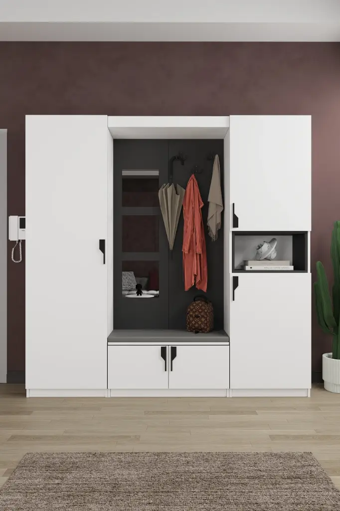 V-04 Modern Vestiyer ve Portmanto 210 cm Oturaklı Aynalı Ayakkabılıklı