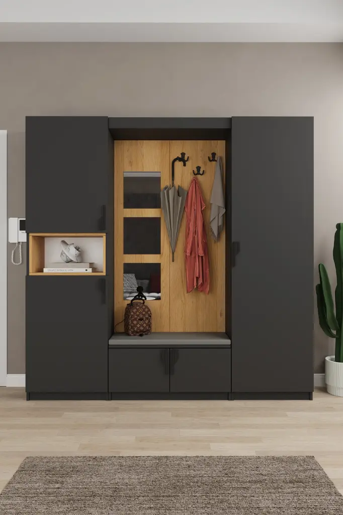 Modern Vestiyer ve Portmanto 210 cm Minderli Oturaklı Aynalı V-05 