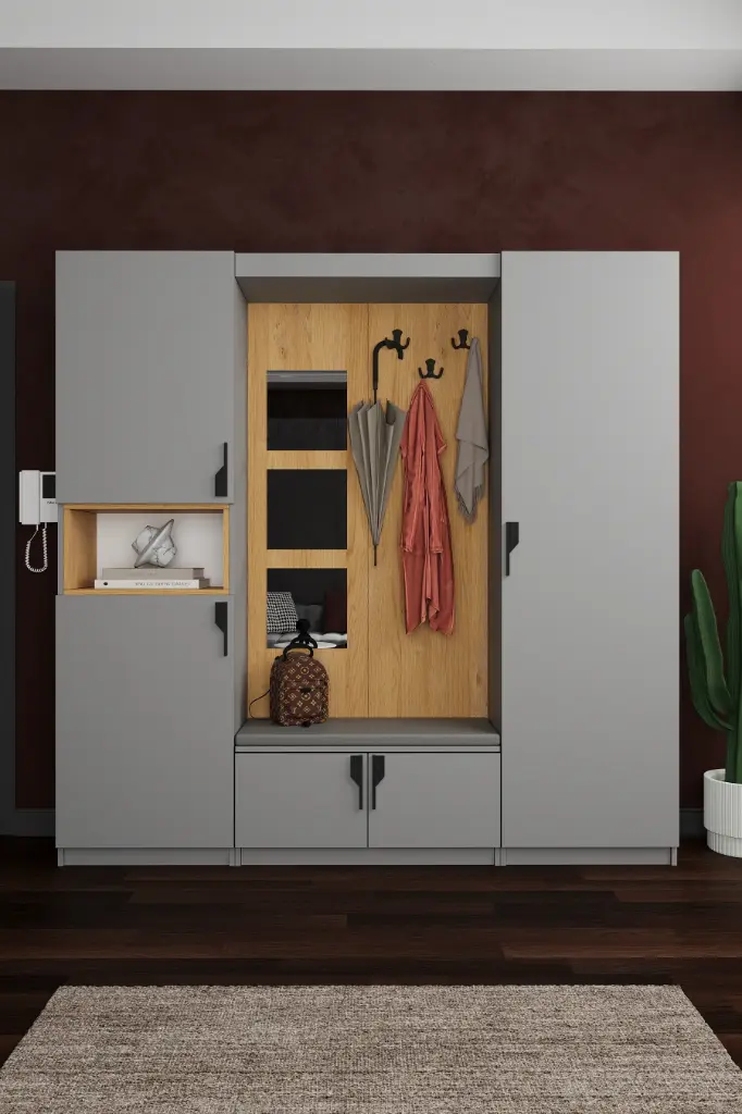 Modern Vestiyer ve Portmanto 210 cm Minderli Oturaklı Aynalı V-05 