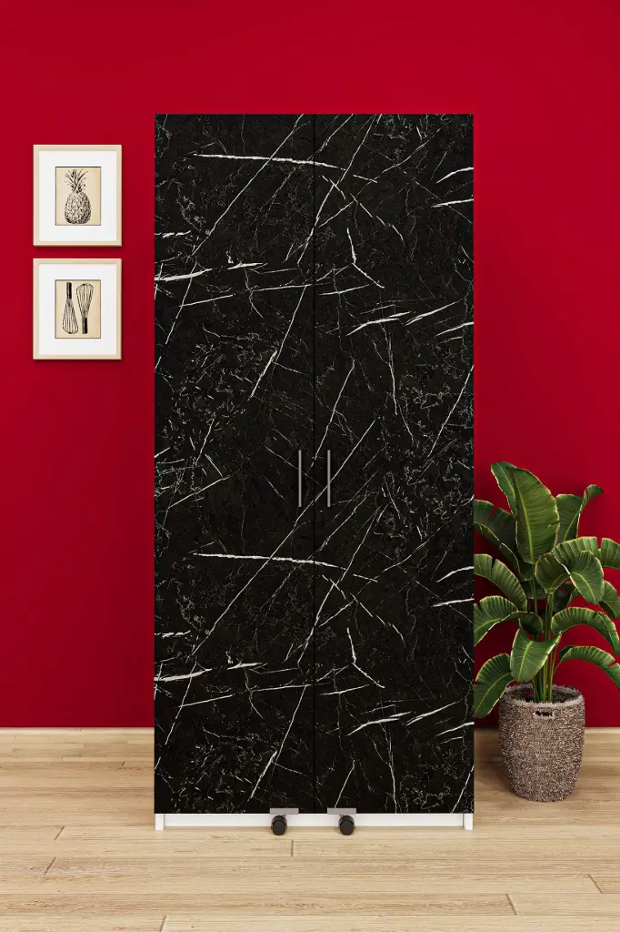 Siyah Beyaz Mutfak Kiler Dolabı Royal Mermer 180 cm MDFLAM - MK-04 