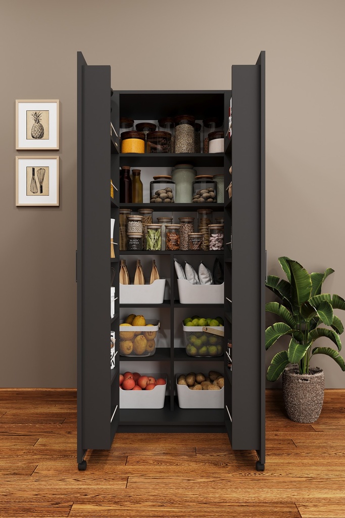 Koyu Gri Mutfak Kiler Dolabı Kapak İçi Raflı 180 cm MDFLAM - MK-07