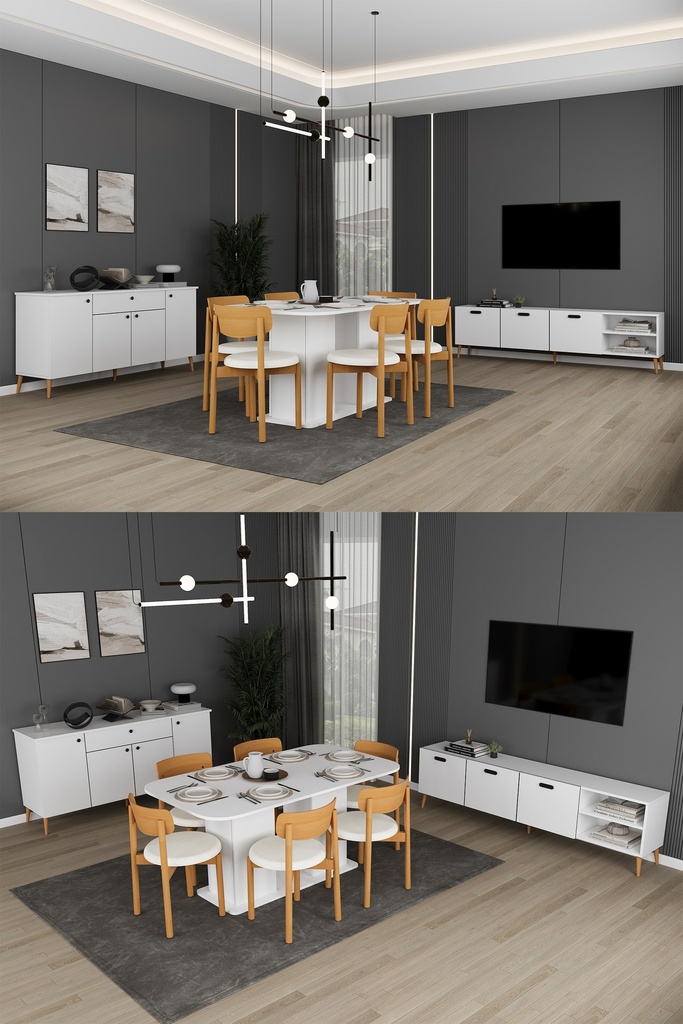 Yemek Odası Takımı TV Üniteli ve Konsollu 160x90 Masa 6 Sandalye - YT-01
