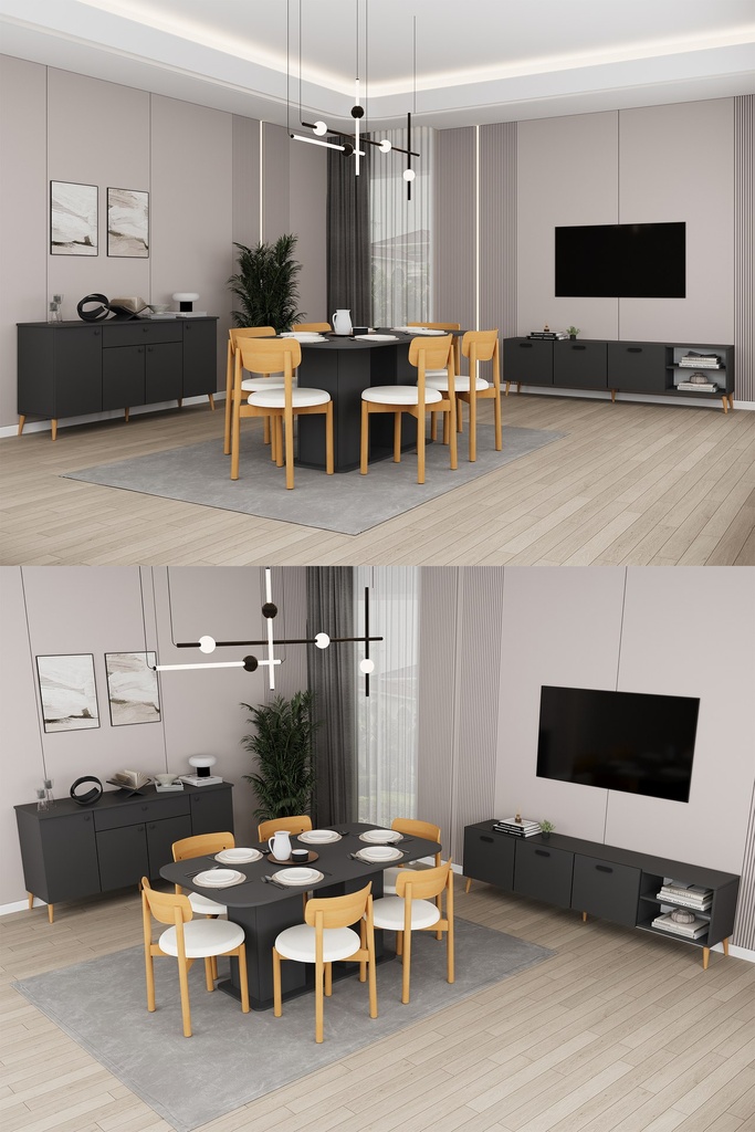 Yemek Odası Takımı TV Üniteli ve Konsollu 160x90 Masa 6 Sandalye - YT-01