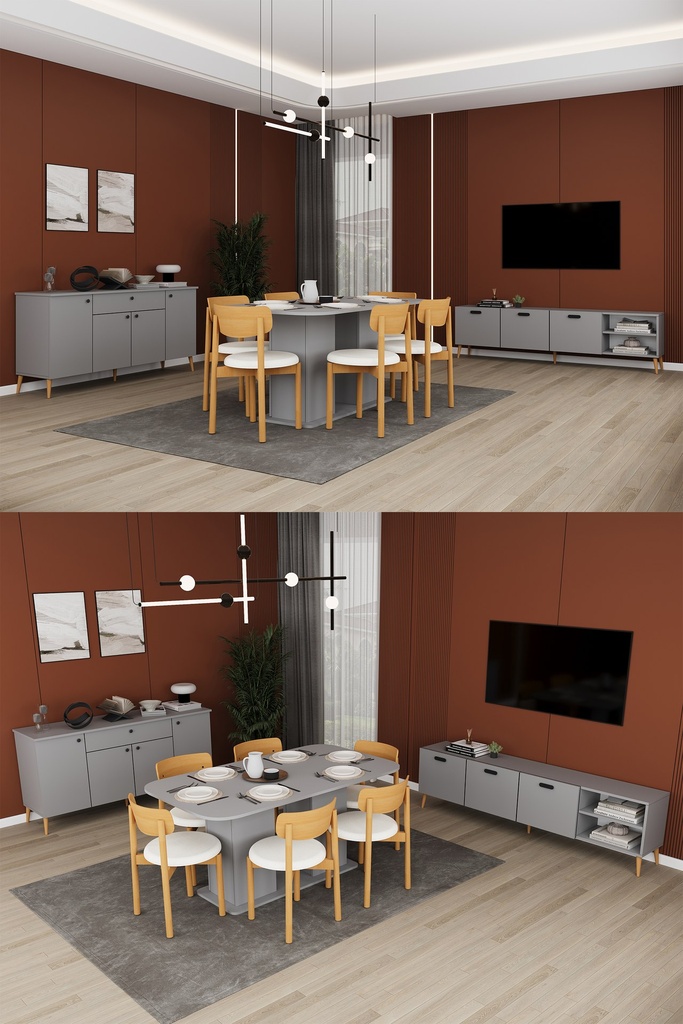 Yemek Odası Takımı TV Üniteli ve Konsollu 160x90 Masa 6 Sandalye - YT-01