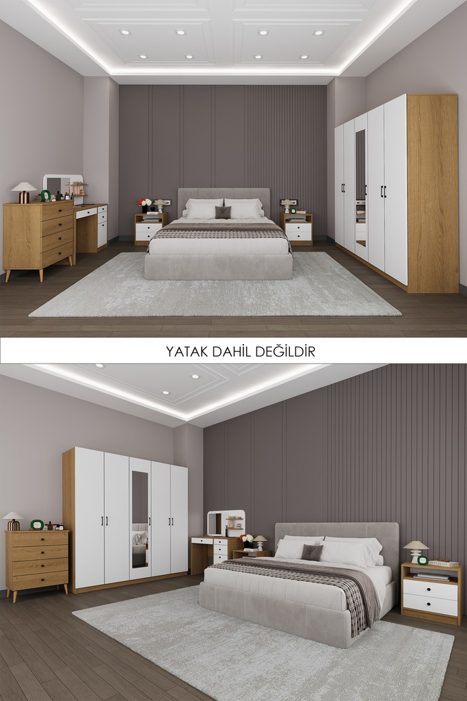 Yatak Odası Takımı 5 Kapaklı Aynalı Gardırop Şifonyer Makyaj Masası 2 Komodin - YTK-02