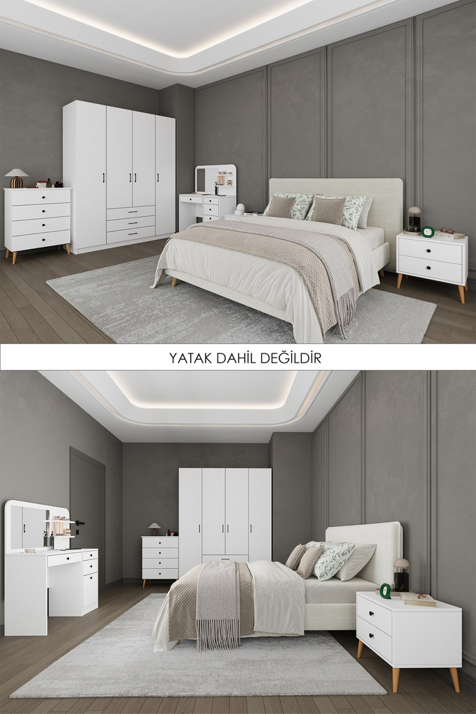 Yatak Odası Takımı 4 Kapaklı Çekmeceli Gardırop Şifonyer Makyaj Masası 2 Komodin - YTK-03