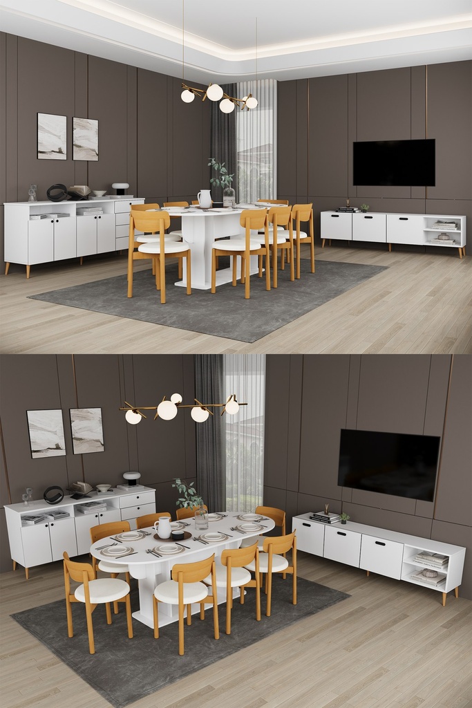 Yemek Odası Takımı TV Üniteli ve Konsollu 200x90 Oval Masa 8 Sandalye - YT-02