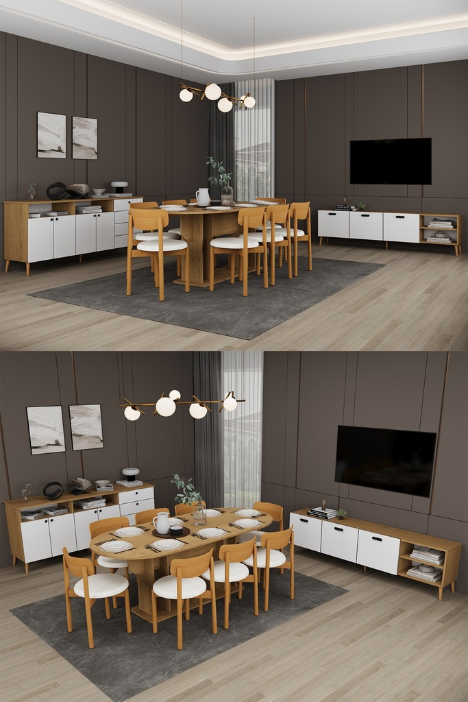 Yemek Odası Takımı TV Üniteli ve Konsollu 200x90 Oval Masa 8 Sandalye - YT-02
