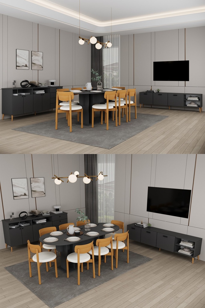 Yemek Odası Takımı TV Üniteli ve Konsollu 200x90 Oval Masa 8 Sandalye - YT-02