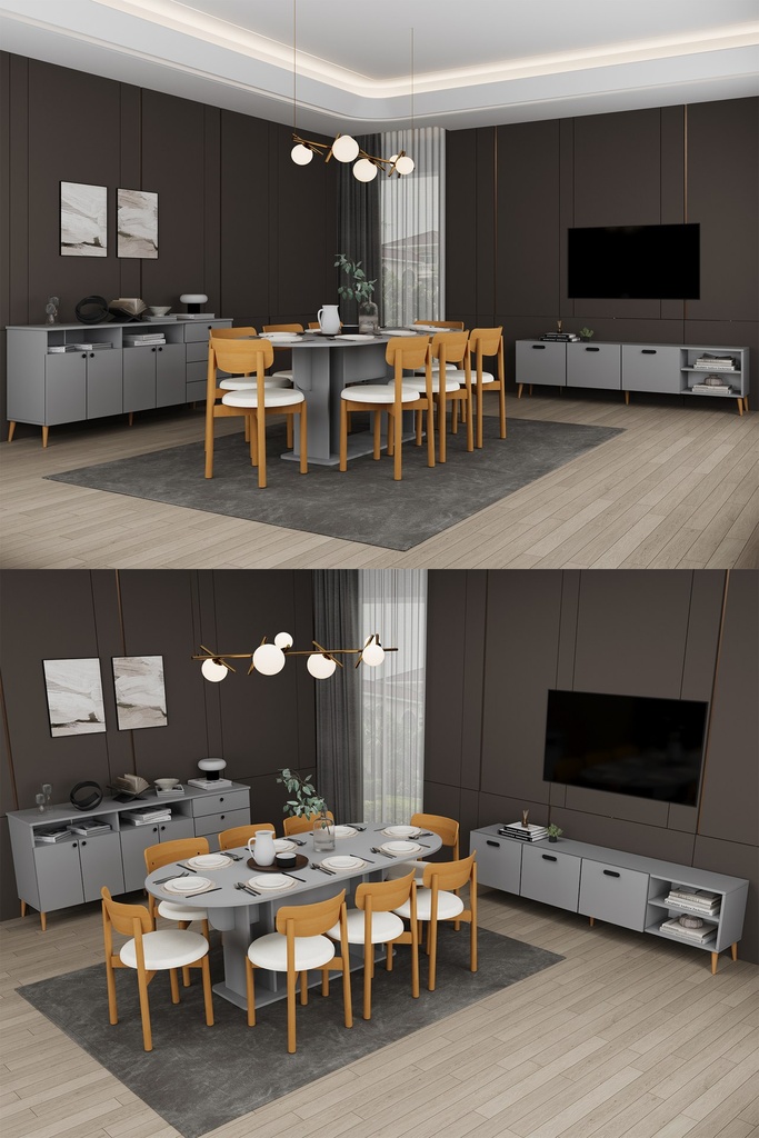 Yemek Odası Takımı TV Üniteli ve Konsollu 200x90 Oval Masa 8 Sandalye - YT-02