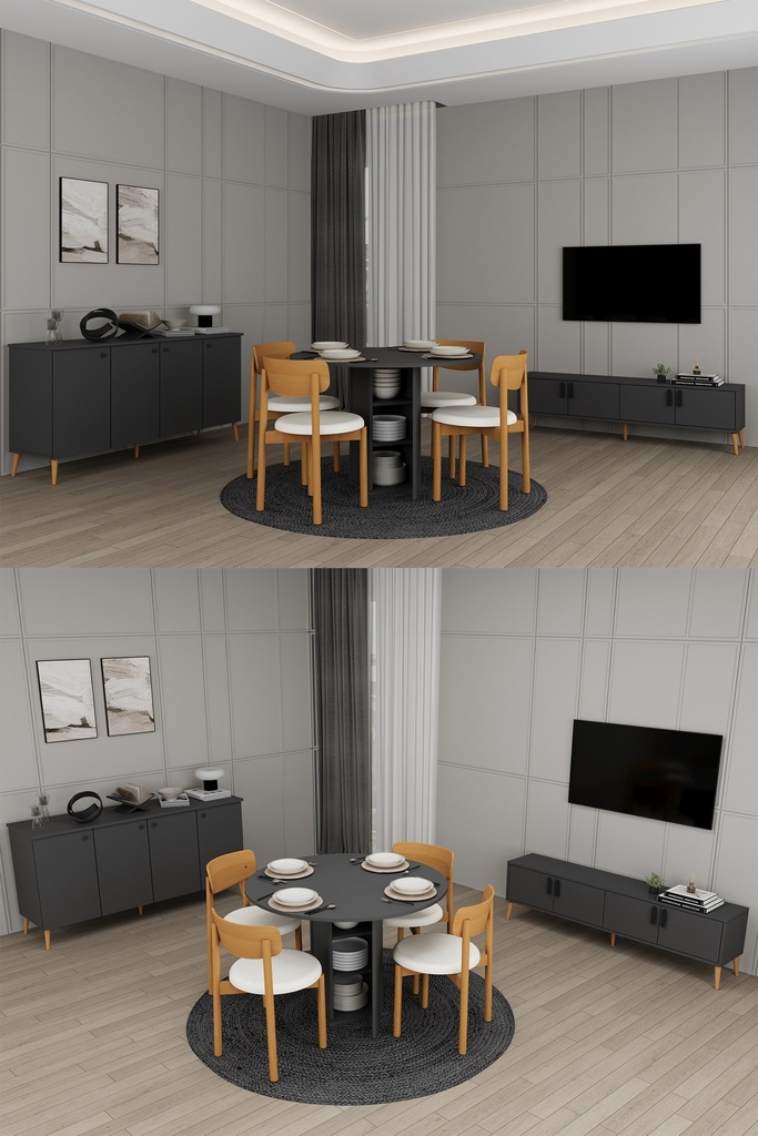 Yemek Odası Takımı TV Üniteli ve Konsollu 90 cm Yuvarlak Masa 4 Sandalye - YT-03