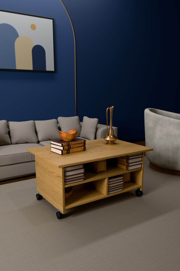 İki Katlı Tekerlekli Orta Sehpa Tekerlekli 90x60 cm %100 MDF - OS01