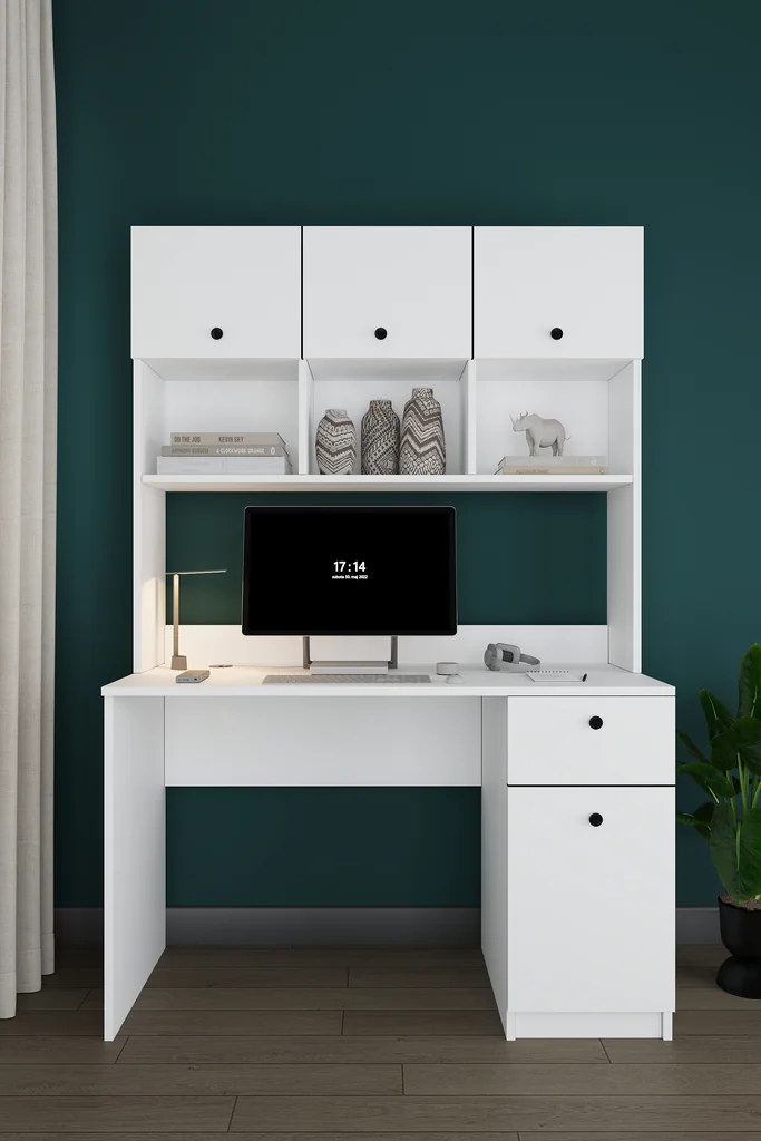 Üst Dolaplı Çalışma Masası 120 cm, Kapaklı Raflı ve Çekmeceli - ÇM-04