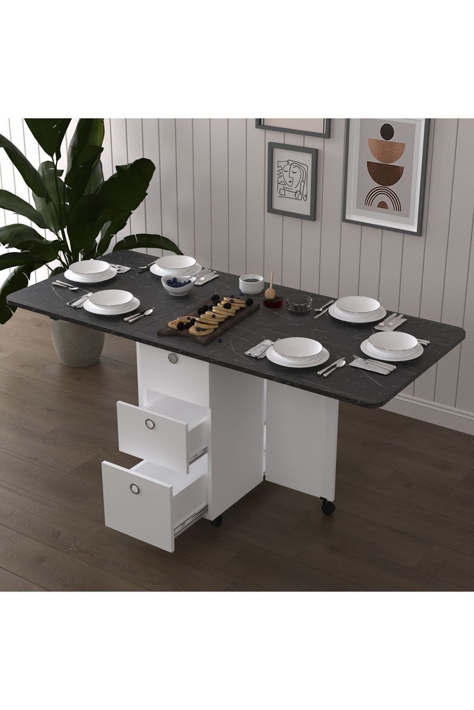 Royal Mermer Tablalı Beyaz Katlanır Mutfak Masası KM-30