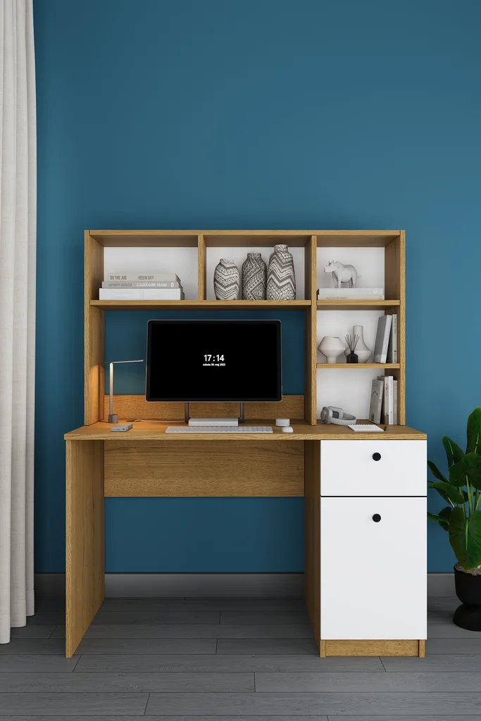 Kitaplıklı Çalışma Masası 120 cm, Raflı ve Çekmeceli Ders Masası - ÇM-05