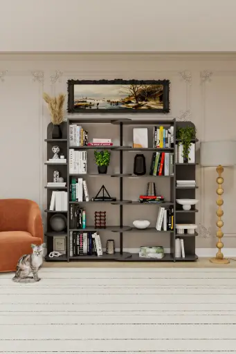 [DK01] Asra Trend DK-01 Duvar/Köşe Modüler Kitaplık – 176 cm Geniş Ünite, 12 Yan Raf + 5 Merkezi Raf