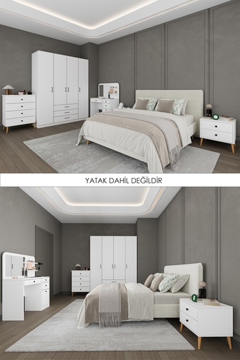 [YTK03] Yatak Odası Takımı 4 Kapaklı Çekmeceli Gardırop Şifonyer Makyaj Masası 2 Komodin - YTK-03