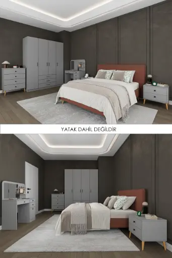 [YTK03] Yatak Odası Takımı 4 Kapaklı Çekmeceli Gardırop Şifonyer Makyaj Masası 2 Komodin - YTK-03