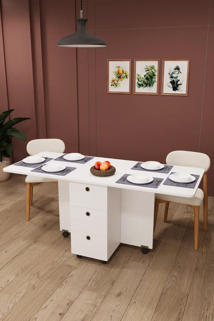 [KM100] Katlanır Mutfak Masası Tekerlekli 3 Çekmeceli Raflı 6-8 Kişilik Beyaz - KM-100