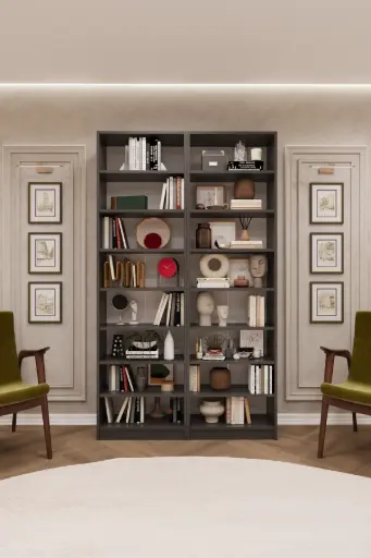 [K16] Koyu Gri İkili Kitaplık – 120x205 cm 8 Raflı K-16