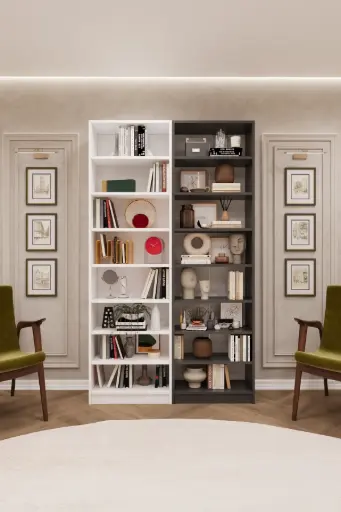 [K17] Beyaz & Koyu Gri İkili Kitaplık –120x205 cm 8 Raflı K-17