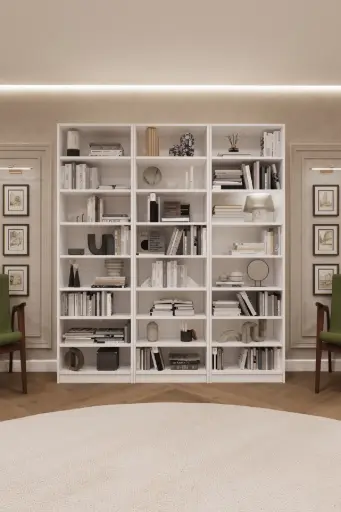 [K20] Beyaz Üçlü Kitaplık – 180x205 cm 8 Raflı K-20