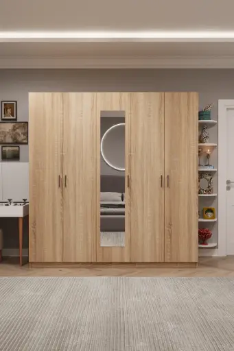 [G04] 5 Kapaklı 2 Çekmeceli Aynalı Gardırop 200x208 cm MDFLAM Yatak Odası Gardırobu G-04
