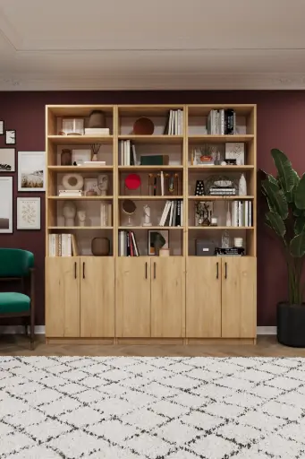 [K51] Safir Meşe Kapaklı Üçlü Kitaplık – 180x205 cm K-51