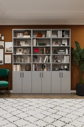 [K52] Kül Gri Kapaklı Üçlü Çalışma Odası Kitaplığı – 180x208 cm %100 MDFLAM K-52