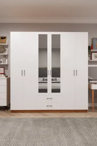 [G05] 6 Kapaklı 2 Çekmeceli Aynalı Gardırop 240x208 cm Geniş MDFLAM Yatak Odası Gardırobu G05