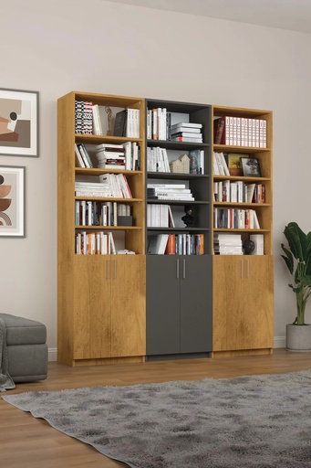 [K59] Koyu Gri & Petra Kontrast Kapaklı Üçlü Kitaplık – 180x208 cm %100 MDF K-59