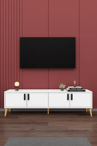 [T01] Beyaz TV Ünitesi 160 cm Kapaklı Raflı MDFLAM - T-01 
