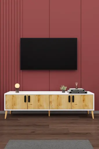 [T02] Safir Meşe & Beyaz TV Ünitesi 160 cm Kapaklı Raflı - T-02