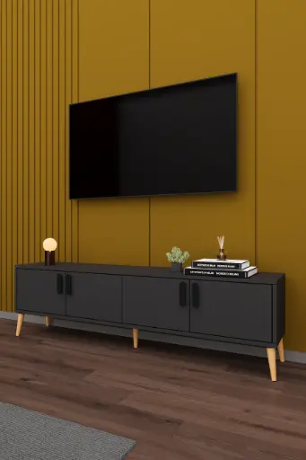 [T04] Koyu Gri TV Ünitesi 160 cm Kapaklı Raflı MDFLAM - T04