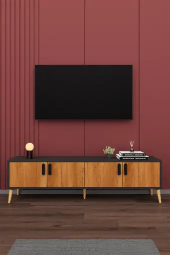 [T05] Koyu Gri & Petra TV Ünitesi 160 cm Kapaklı ve Raflı Masif Ayaklı T-05