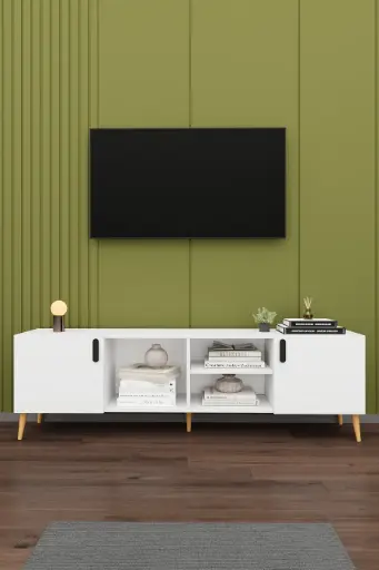 [T09] Beyaz TV Ünitesi 180 cm Açık Raflı ve Kapaklı Dolaplı T-09