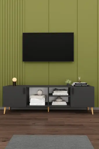 [T12] Koyu Gri TV Ünitesi 180 cm Kapaklı ve Raflı Modern TV Sehpası T-12