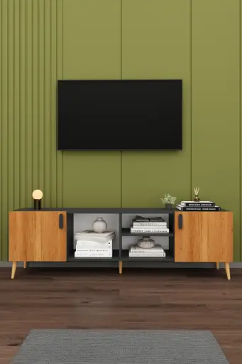 [T13] Koyu Gri ve Ahşap Desenli Ayaklı T-13 TV Ünitesi 180 cm Açık Raflı MDFLAM 
