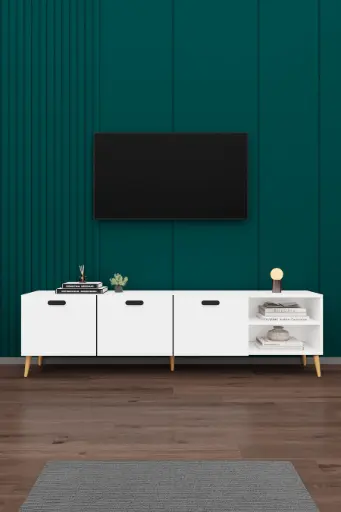 [T18] Beyaz TV Ünitesi 200 cm 3 Kapaklı Açık Raflı Ayaklı MDFLAM T-18 