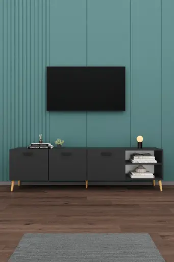 [T21] Antrasit TV Ünitesi 200 cm | 3 Kapaklı Açık Raflı Modern TV Sehpası T-21