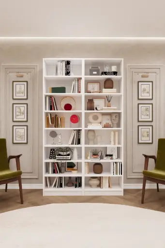 [K09] Beyaz İkili Kitaplık – 120x205 cm 8 Raflı K-09
