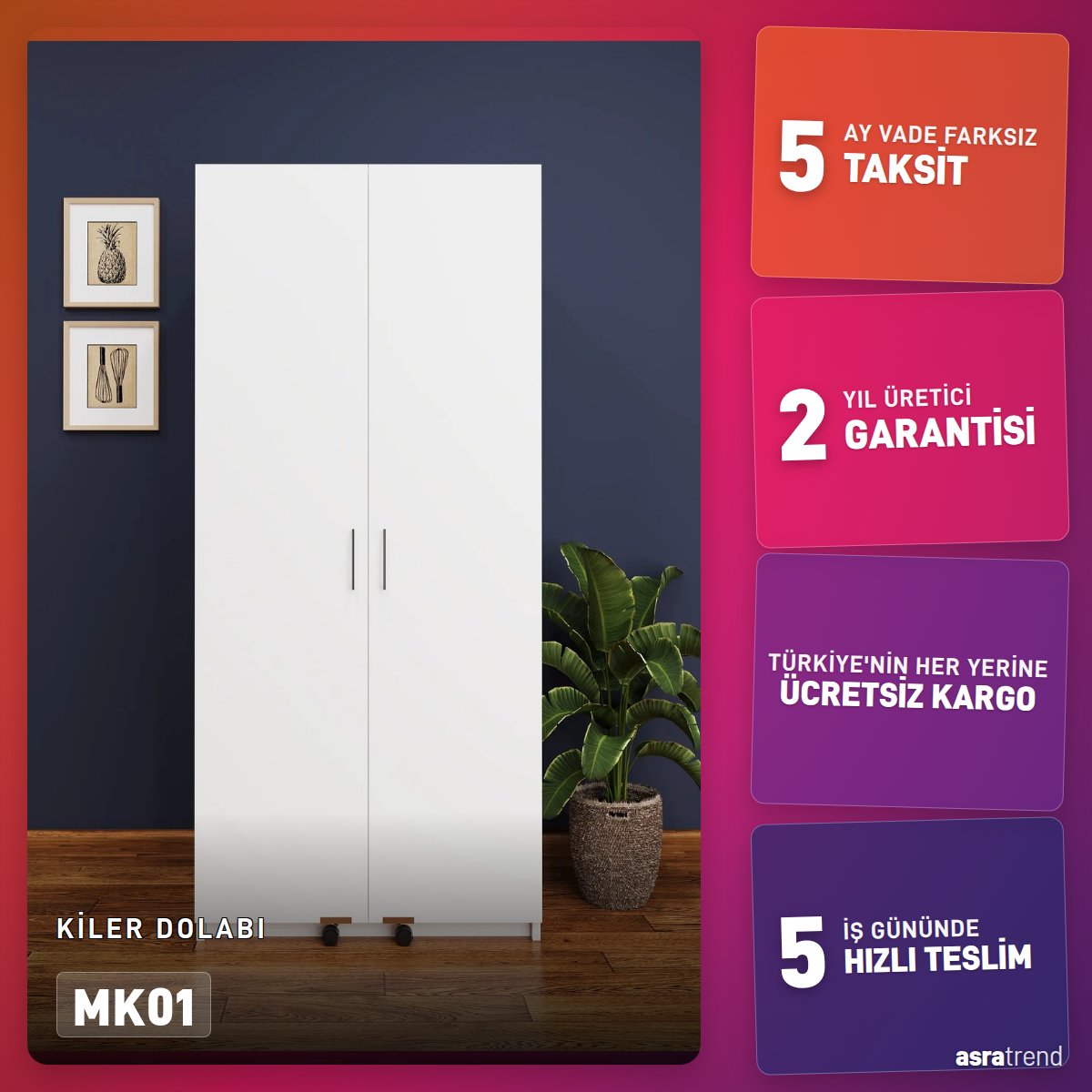 Mutfak Kiler Dolabı MK-01 | Beyaz 180 cm | Asra Trend