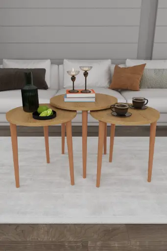 [SEHPA01] 3’lü Ahşap Ayaklı Yuvarlak Zigon Sehpa Takımı %100 MDF SEHPA01