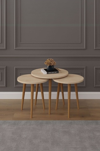 [SEHPA01] 3’lü Ahşap Ayaklı Yuvarlak Zigon Sehpa Takımı %100 MDF SEHPA01